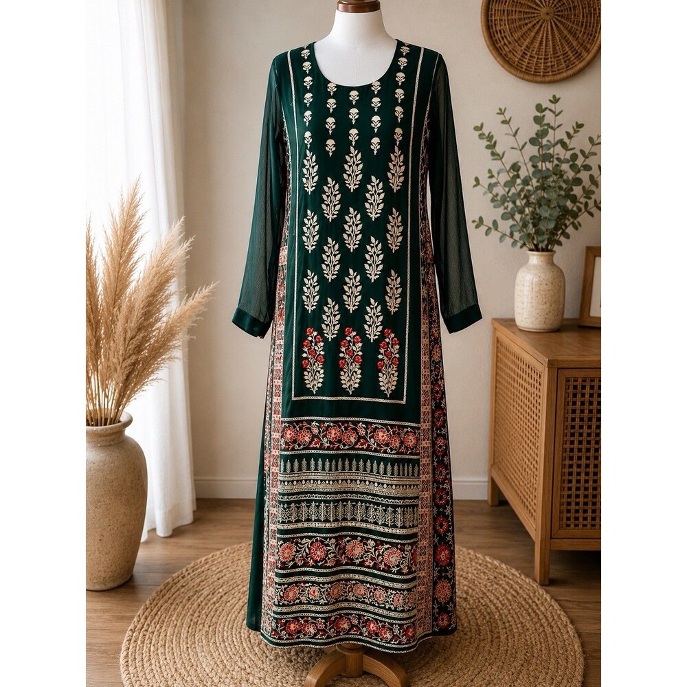 Pakistani Indian Green Silk Kurti Tunic Dress Embroidered High Slits Boho P2P 18